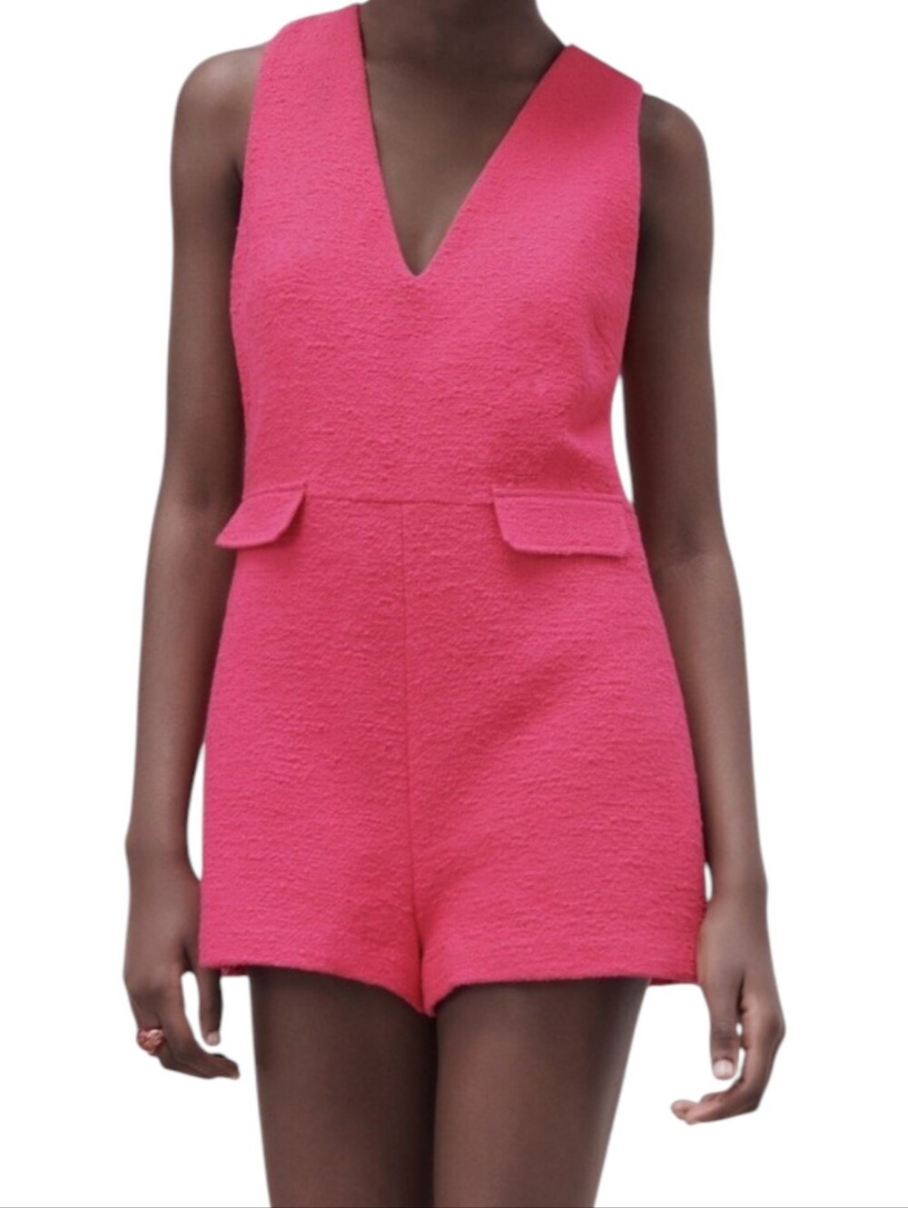 Zara Fuchsia Sleeveless Tweed Textured Romper
